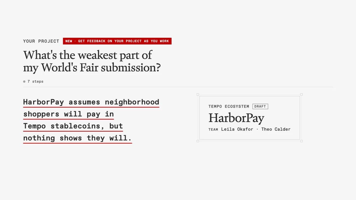 Copilot reviewing a demo World's Fair draft and naming its weakest assumption