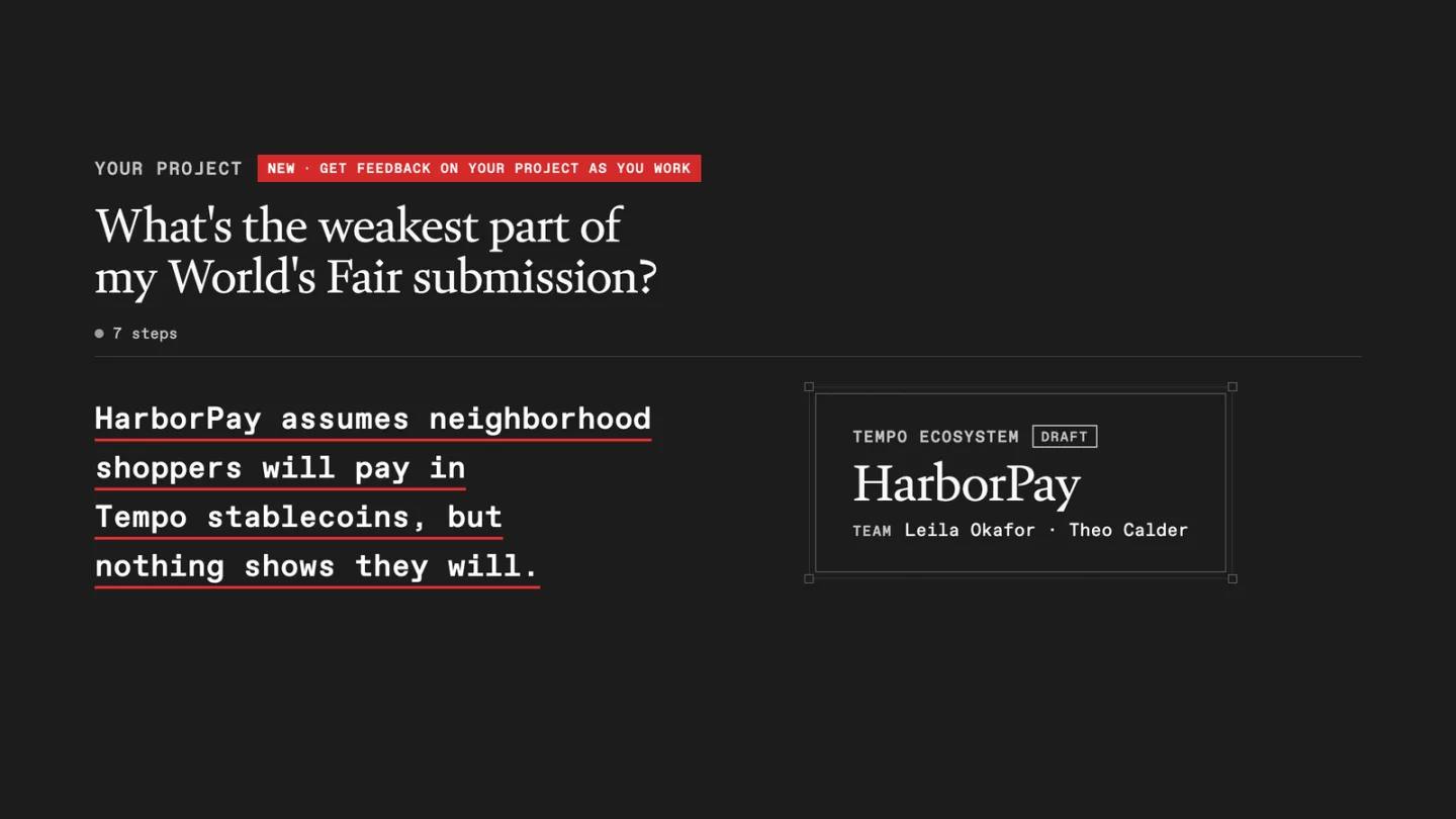 Copilot reviewing a demo World's Fair draft and naming its weakest assumption