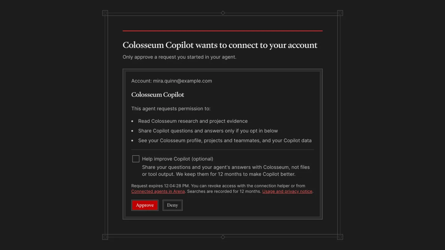 The Colosseum sign-in screen where you approve your agent's connection