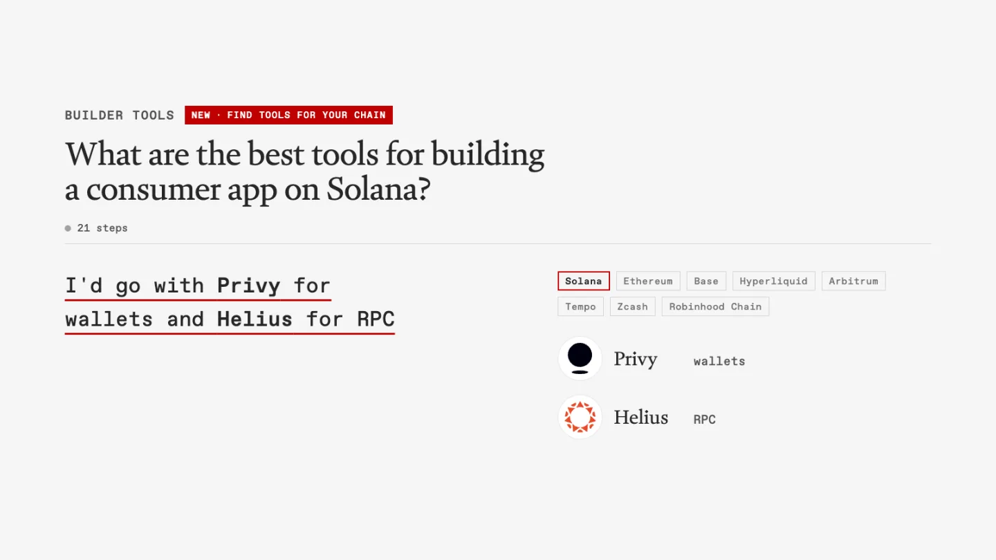 Copilot recommending Privy for wallets and Helius for RPC for a consumer app on Solana
