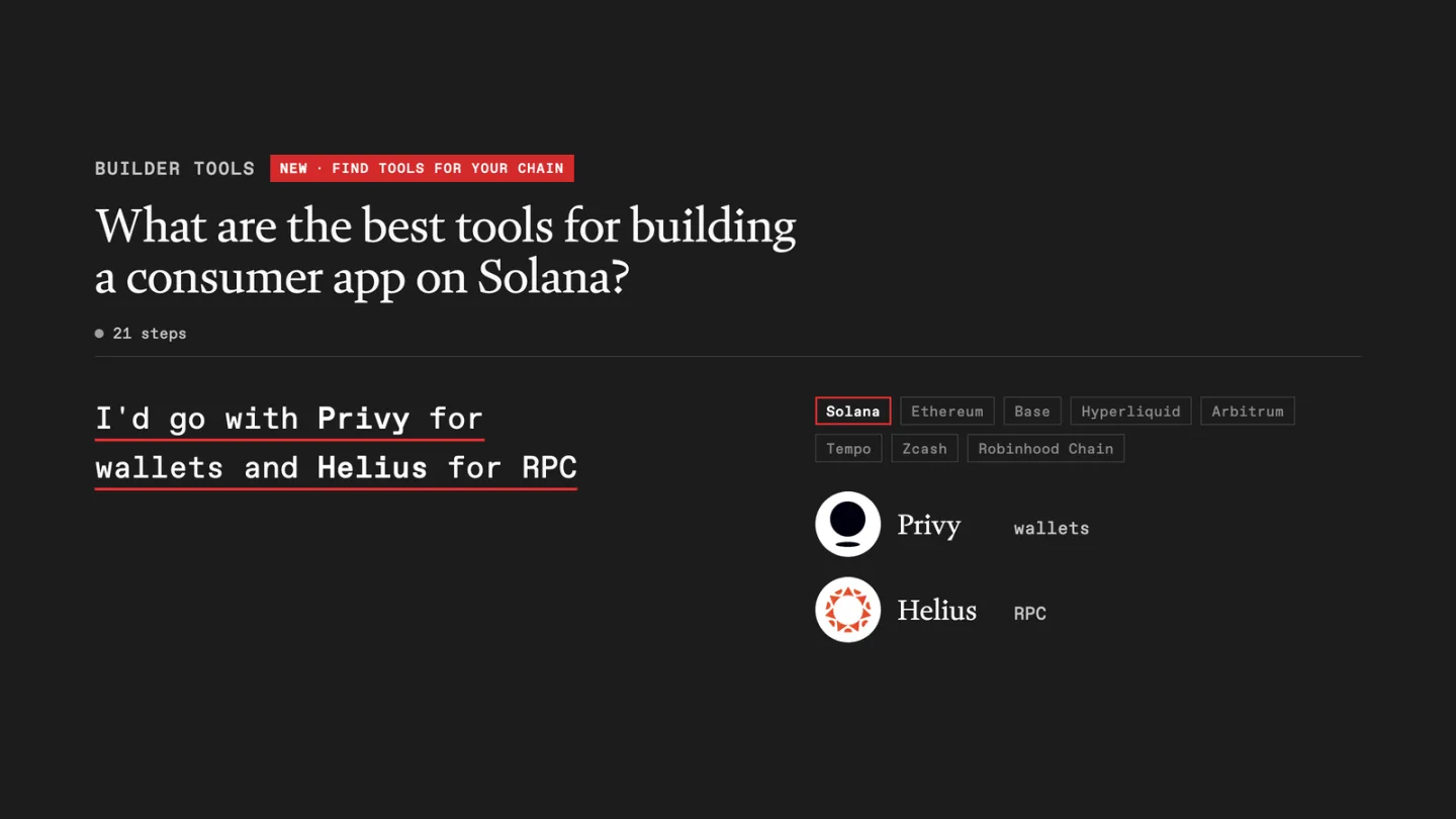 Copilot recommending Privy for wallets and Helius for RPC for a consumer app on Solana